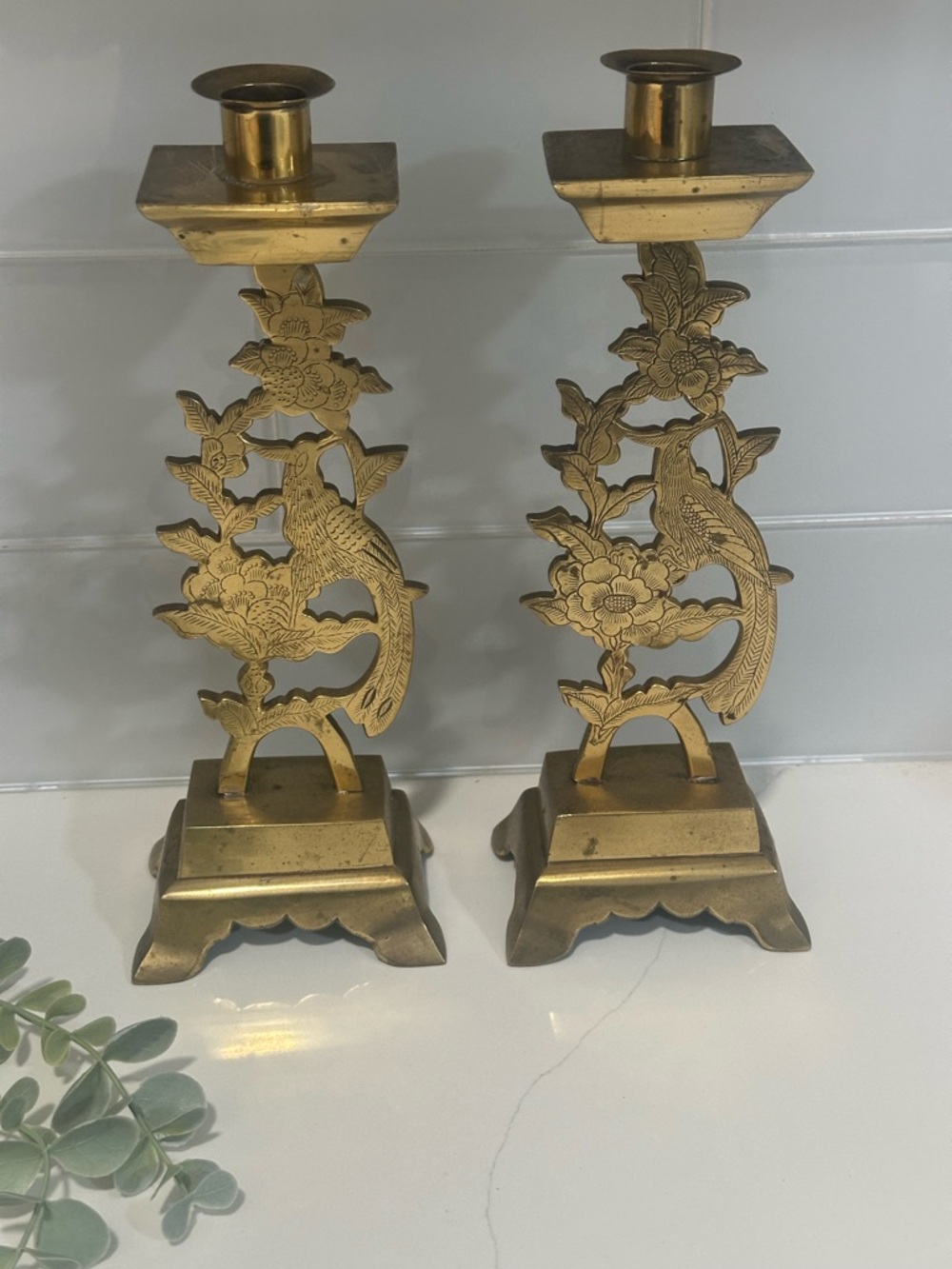Brass Bird & Floral Candlestick Pair - Gold Decorative Home Accents
